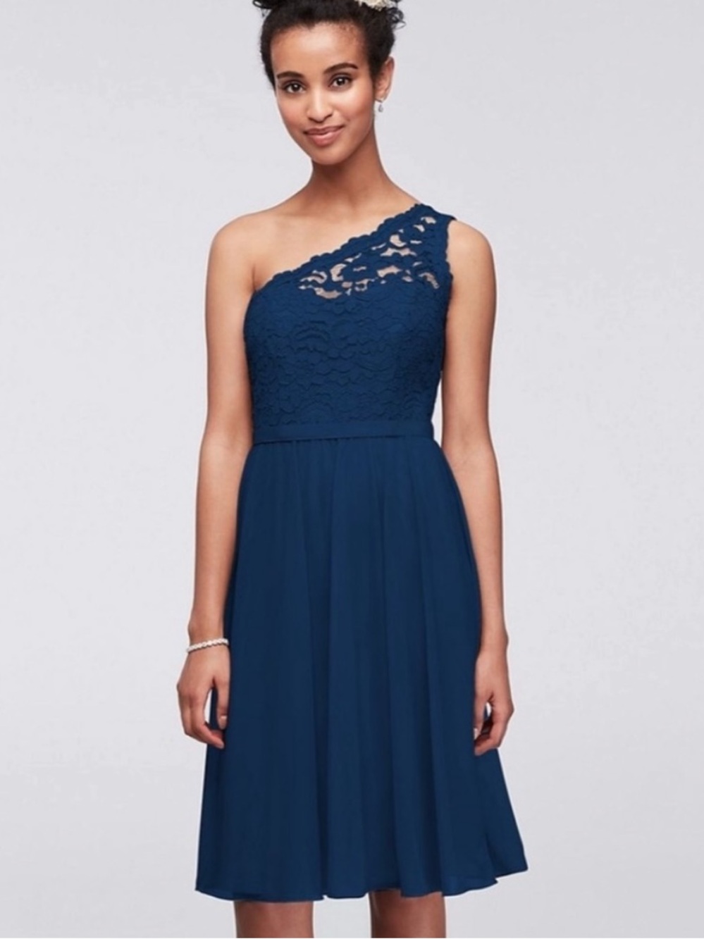 DAVID’S BRIDAL ONE SHOULDER MARINE NAVY LACE SHORT BRIDESMAID DRESS LINED SZ 8 - Picture 2 of 14